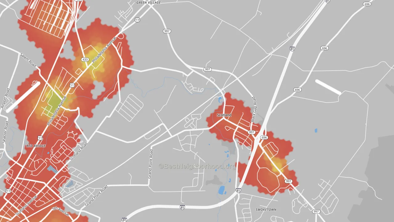 Walk Grade map of 17254, PA, walkable areas in green and car-dependent areas in red