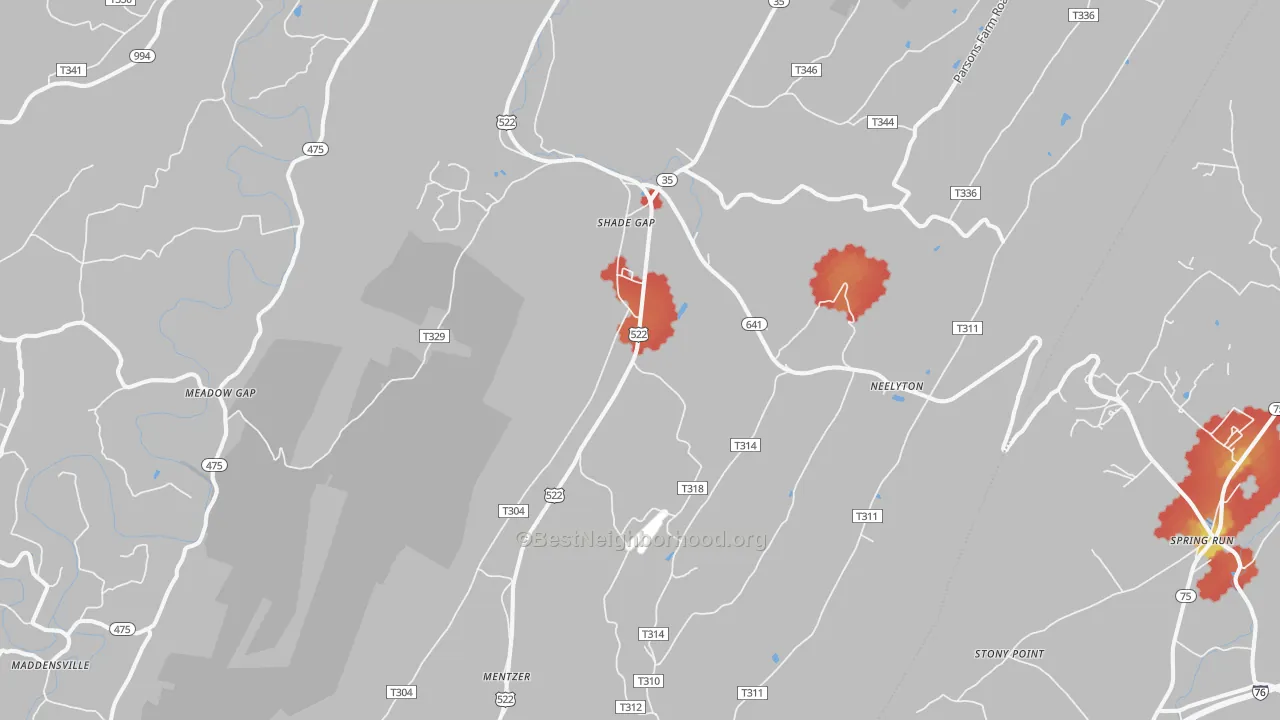 Walk Grade map of 17255, PA, walkable areas in green and car-dependent areas in red