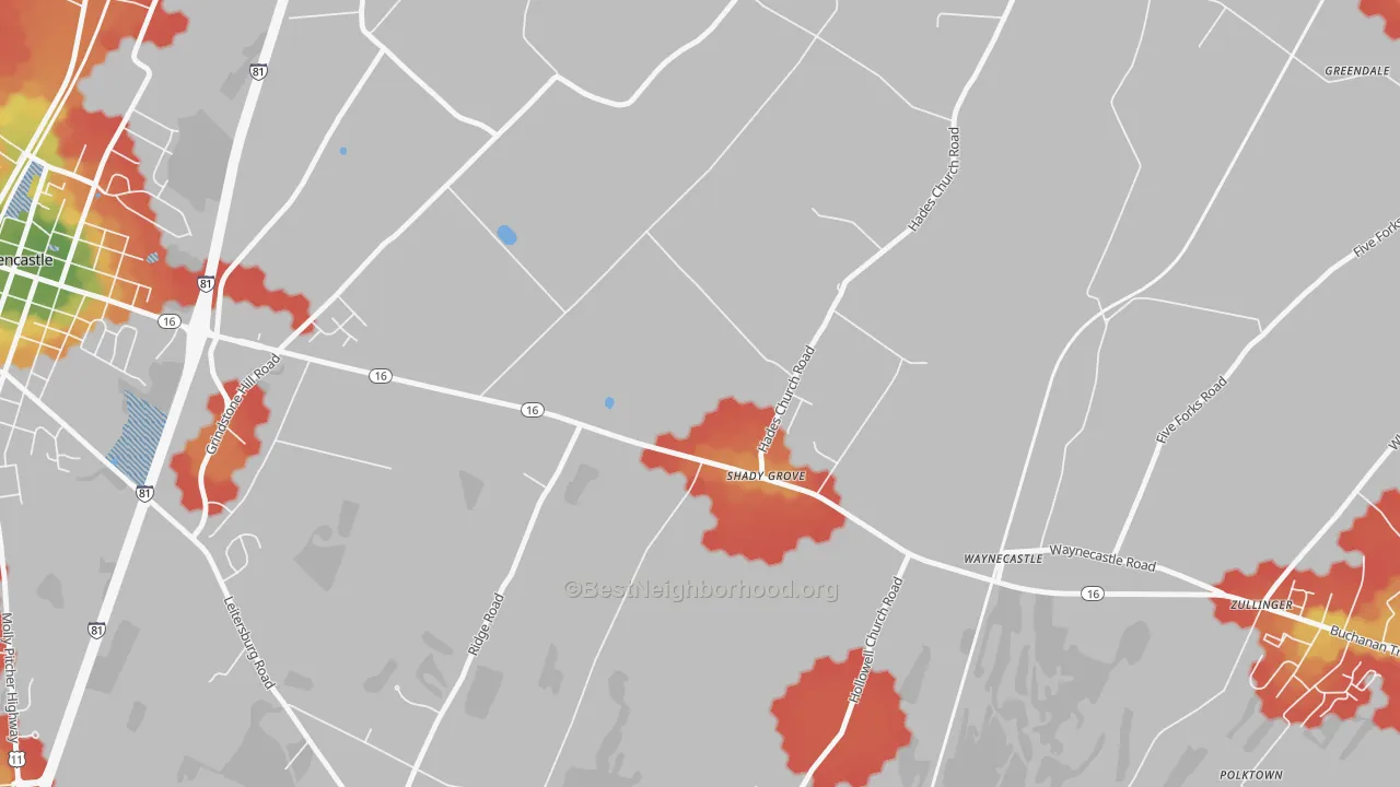Walk Grade map of 17256, PA, walkable areas in green and car-dependent areas in red