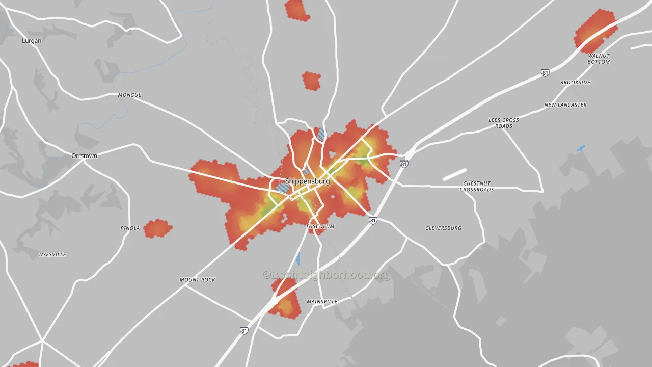 Walk Grade map of 17257, PA, walkable areas in green and car-dependent areas in red