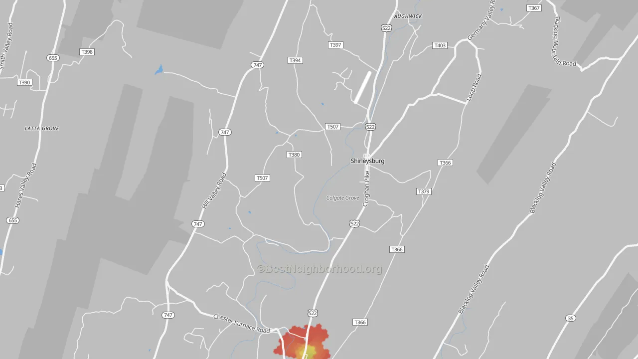 Walk Grade map of 17260, PA, walkable areas in green and car-dependent areas in red
