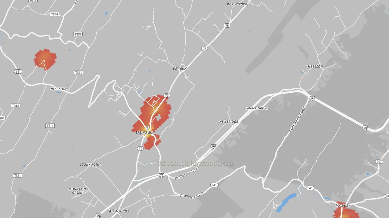 Walk Grade map of 17262, PA, walkable areas in green and car-dependent areas in red