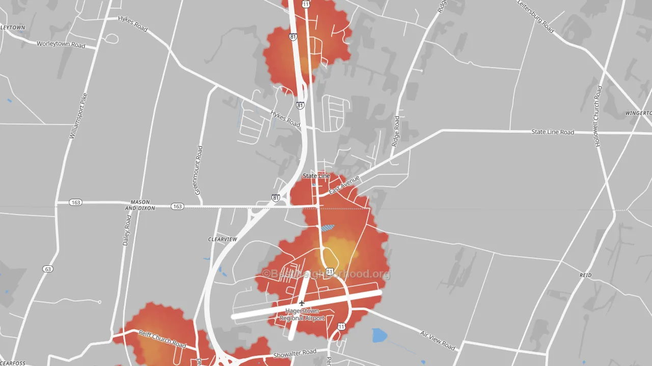 Walk Grade map of 17263, PA, walkable areas in green and car-dependent areas in red