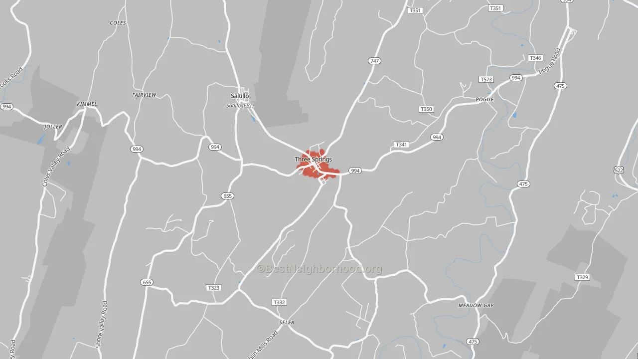 Walk Grade map of 17264, PA, walkable areas in green and car-dependent areas in red