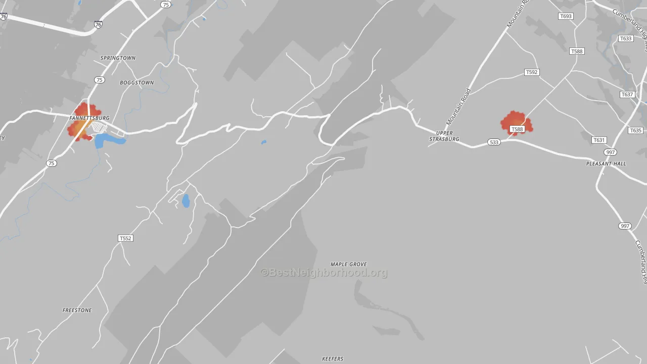Walk Grade map of 17265, PA, walkable areas in green and car-dependent areas in red