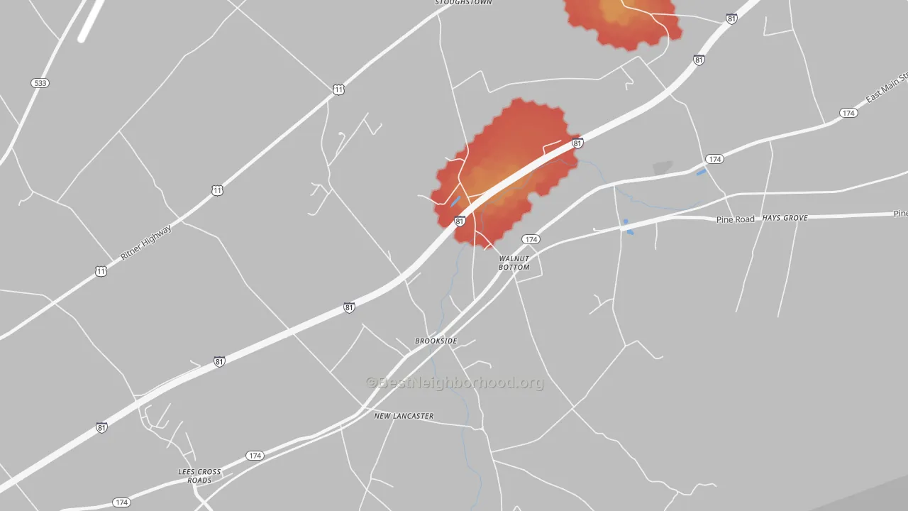 Walk Grade map of 17266, PA, walkable areas in green and car-dependent areas in red