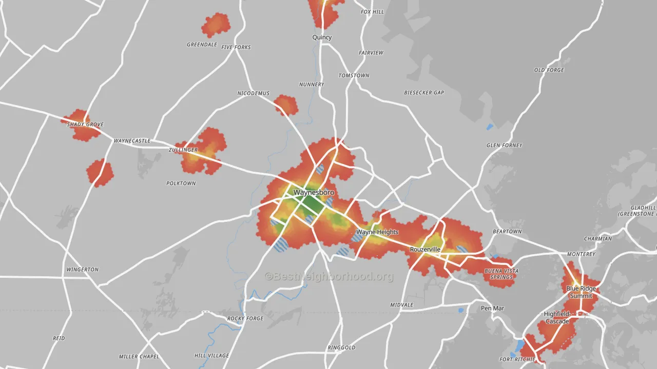 Walk Grade map of 17268, PA, walkable areas in green and car-dependent areas in red