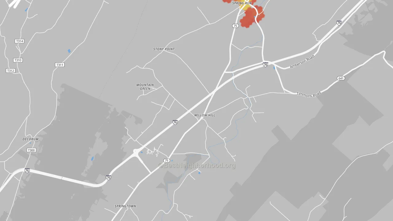 Walk Grade map of 17271, PA, walkable areas in green and car-dependent areas in red