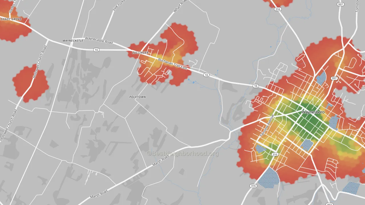 Walk Grade map of 17272, PA, walkable areas in green and car-dependent areas in red