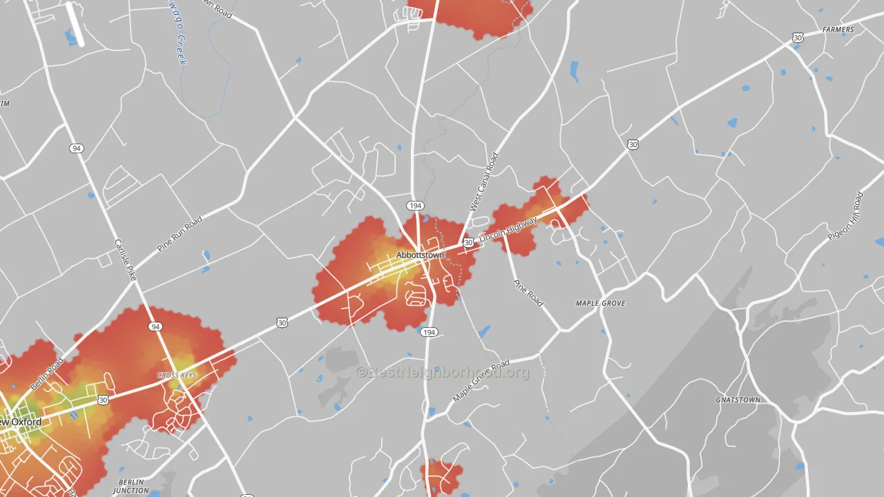 Walk Grade map of 17301, PA, walkable areas in green and car-dependent areas in red