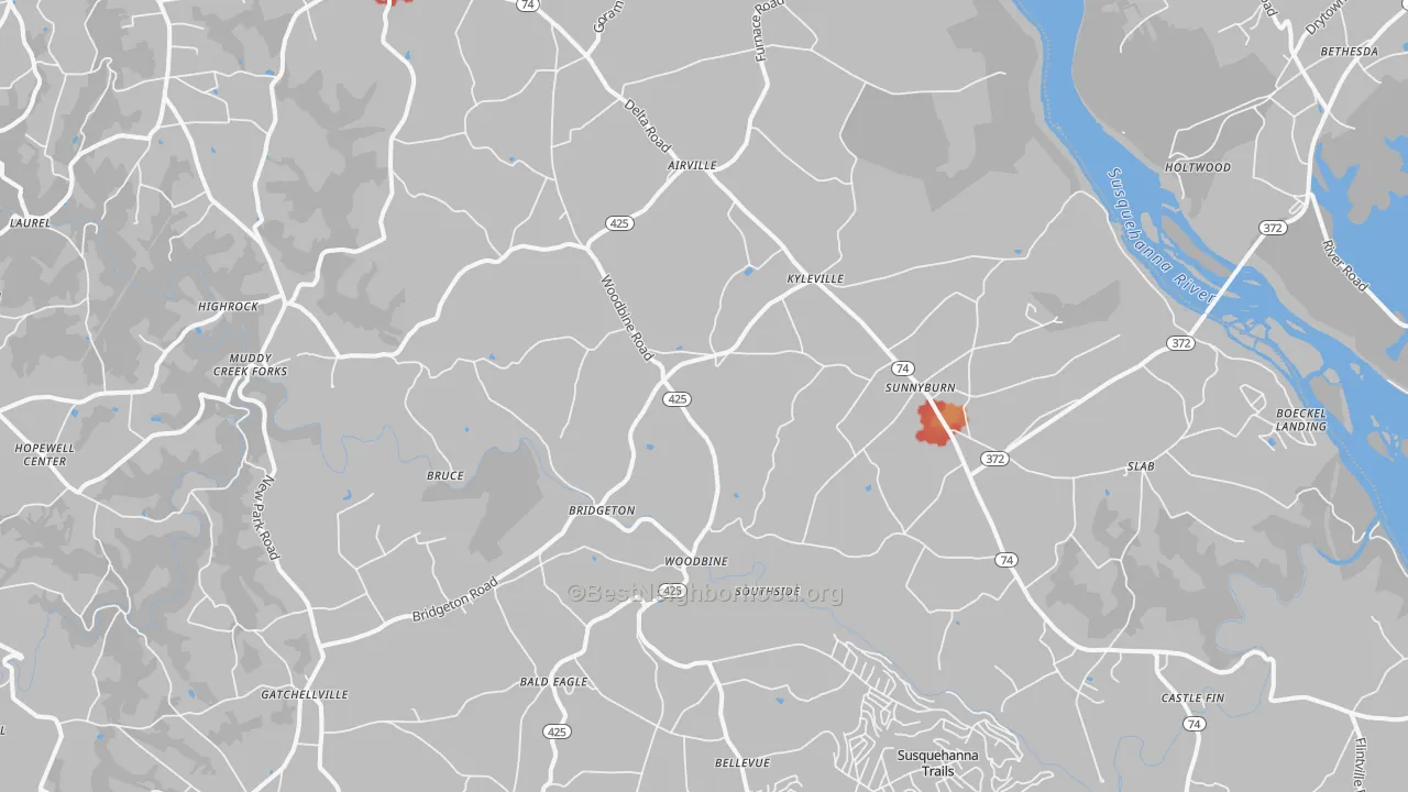 Walk Grade map of 17302, PA, walkable areas in green and car-dependent areas in red