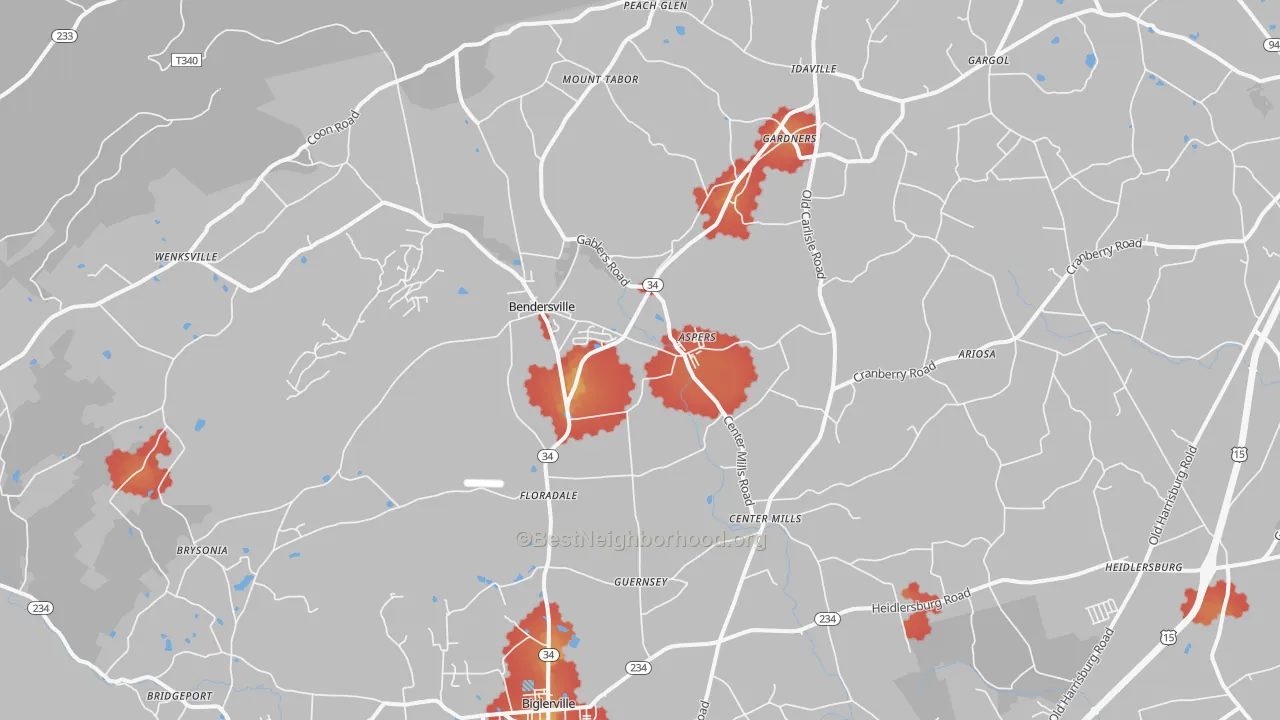 Walk Grade map of 17304, PA, walkable areas in green and car-dependent areas in red