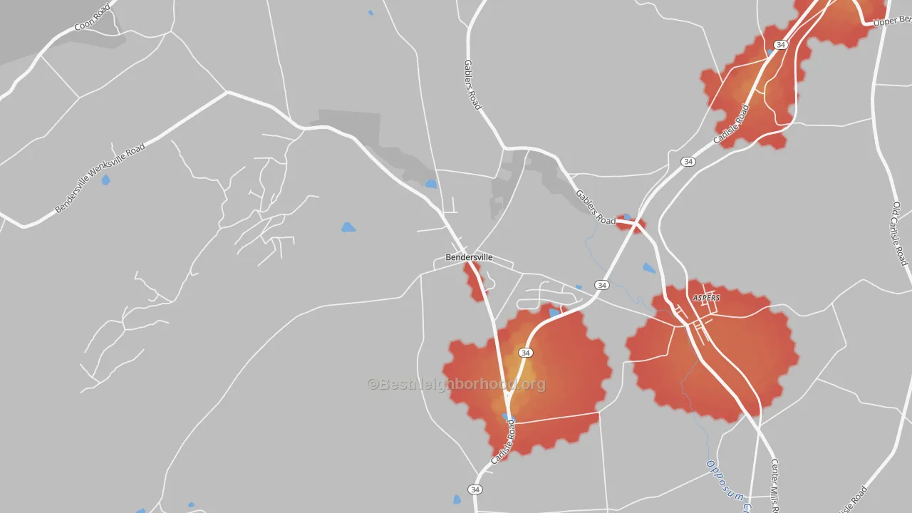 Walk Grade map of 17306, PA, walkable areas in green and car-dependent areas in red