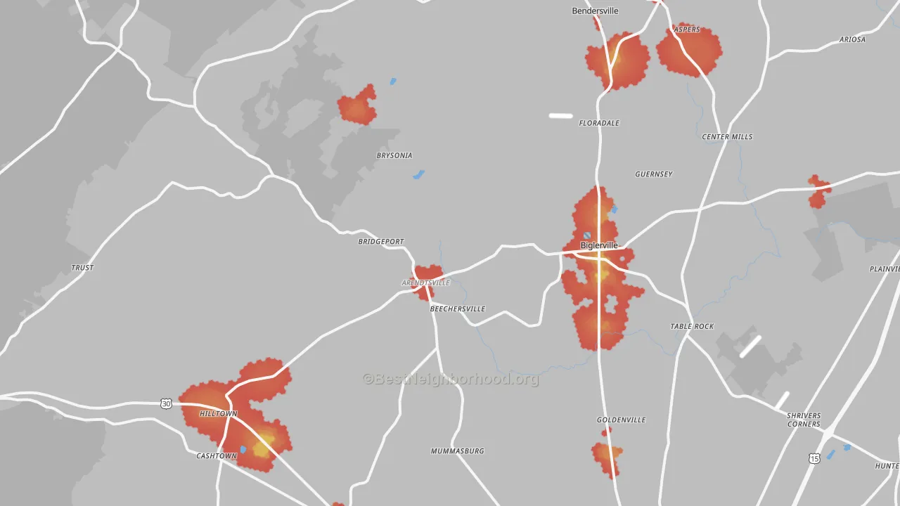 Walk Grade map of 17307, PA, walkable areas in green and car-dependent areas in red