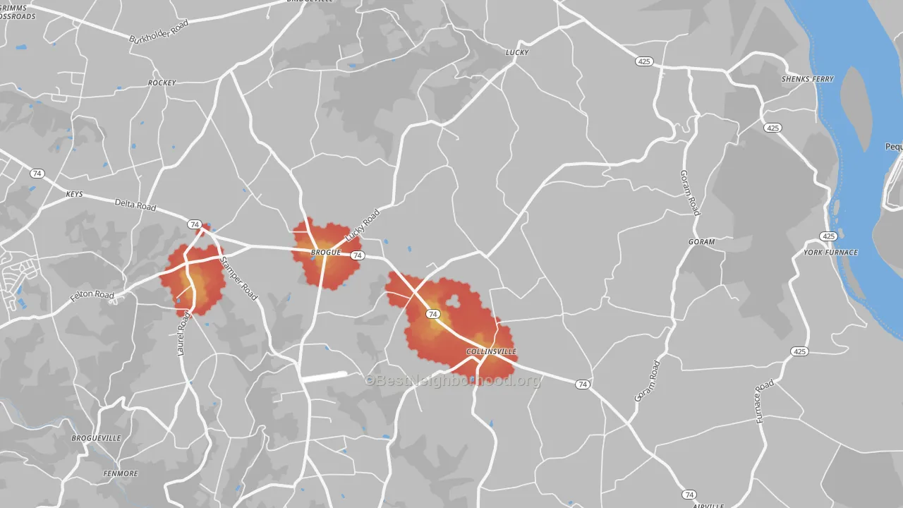 Walk Grade map of 17309, PA, walkable areas in green and car-dependent areas in red