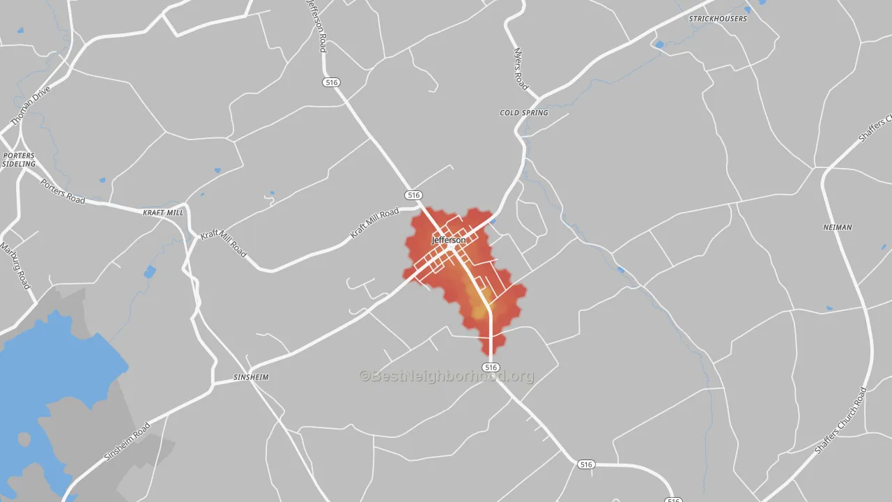 Walk Grade map of 17311, PA, walkable areas in green and car-dependent areas in red