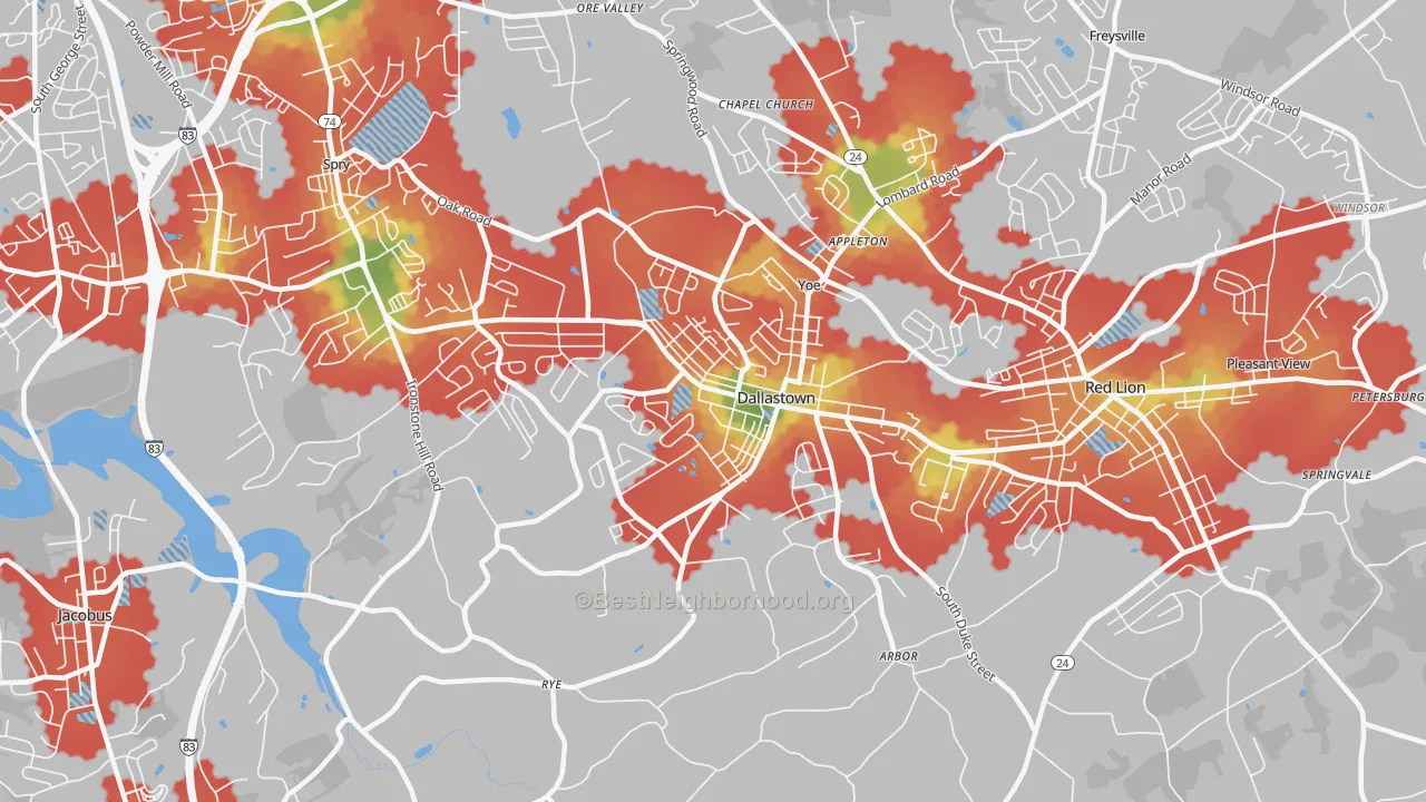 Walk Grade map of 17313, PA, walkable areas in green and car-dependent areas in red