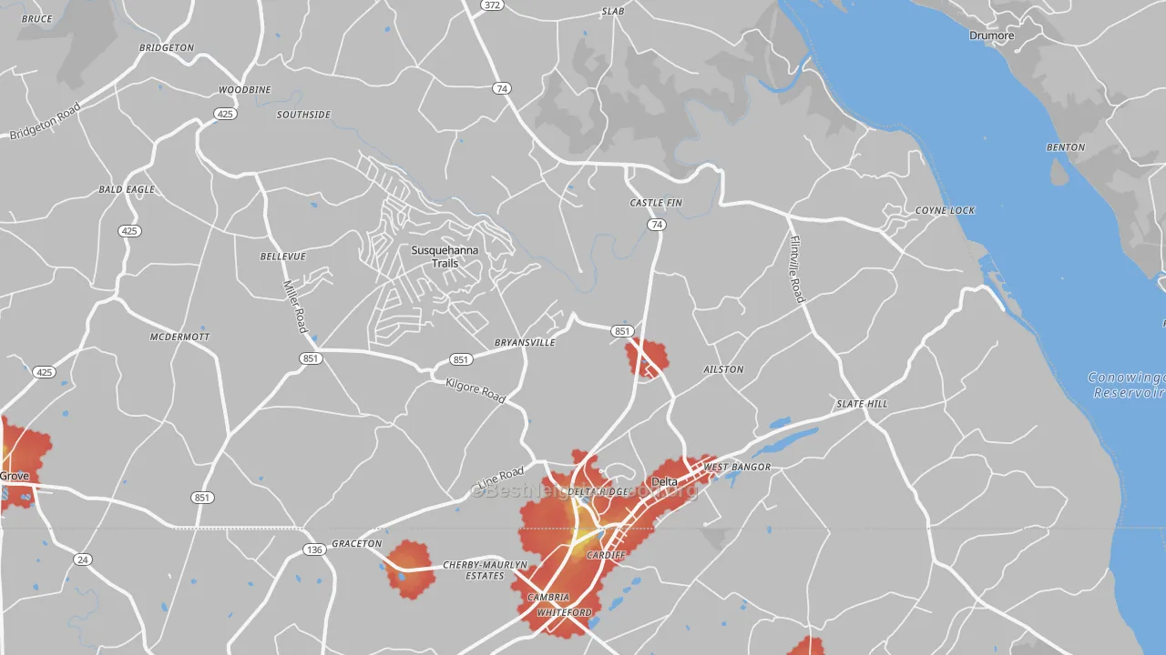 Walk Grade map of 17314, PA, walkable areas in green and car-dependent areas in red