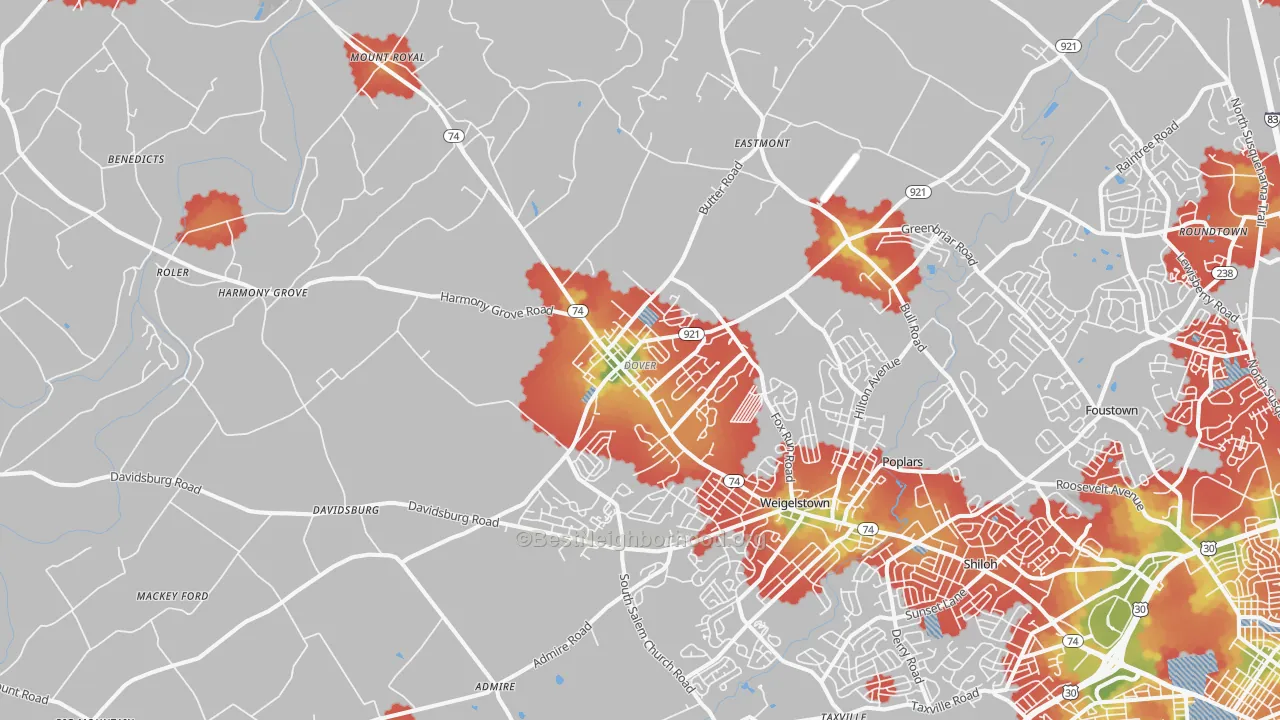 Walk Grade map of 17315, PA, walkable areas in green and car-dependent areas in red