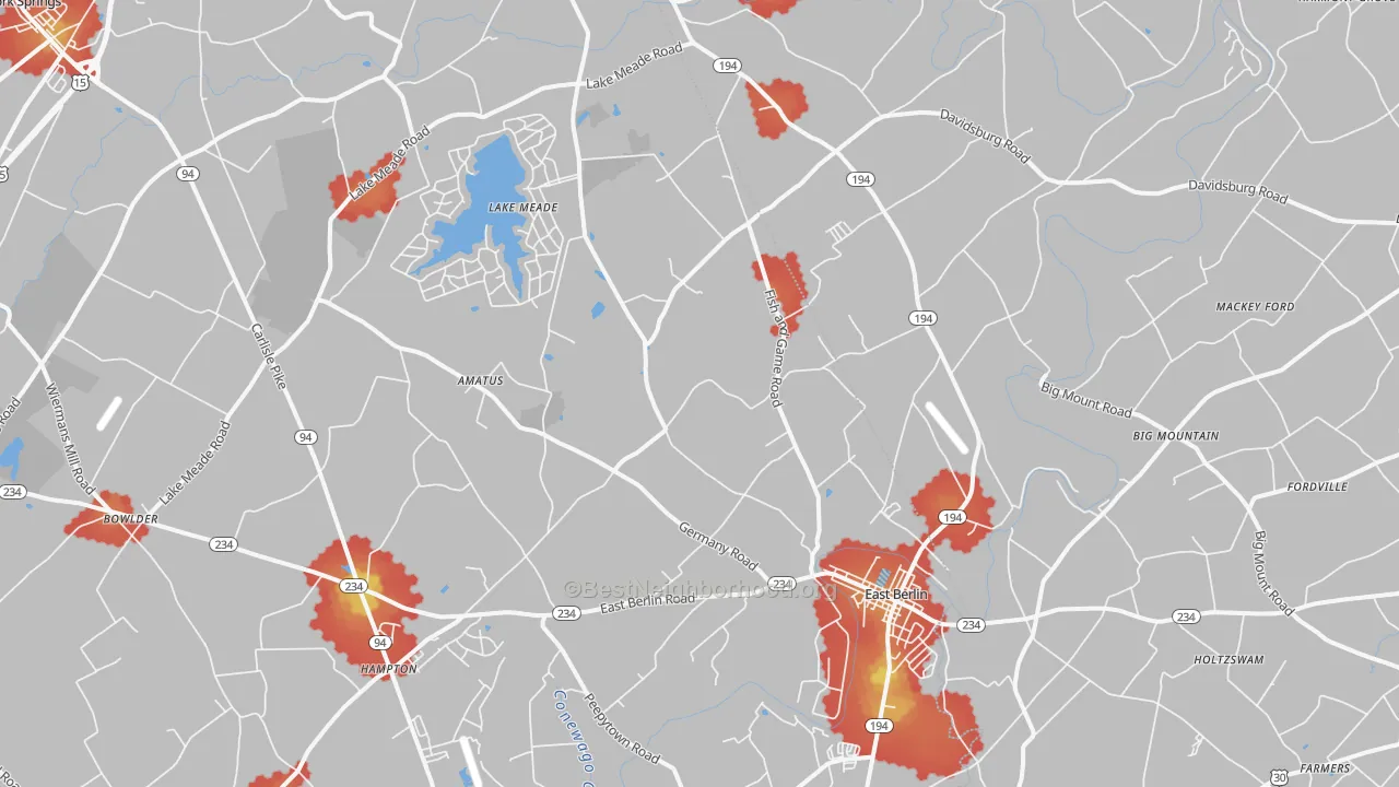 Walk Grade map of 17316, PA, walkable areas in green and car-dependent areas in red