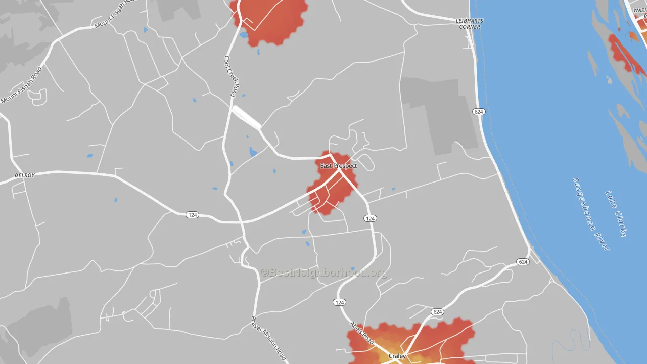 Walk Grade map of 17317, PA, walkable areas in green and car-dependent areas in red