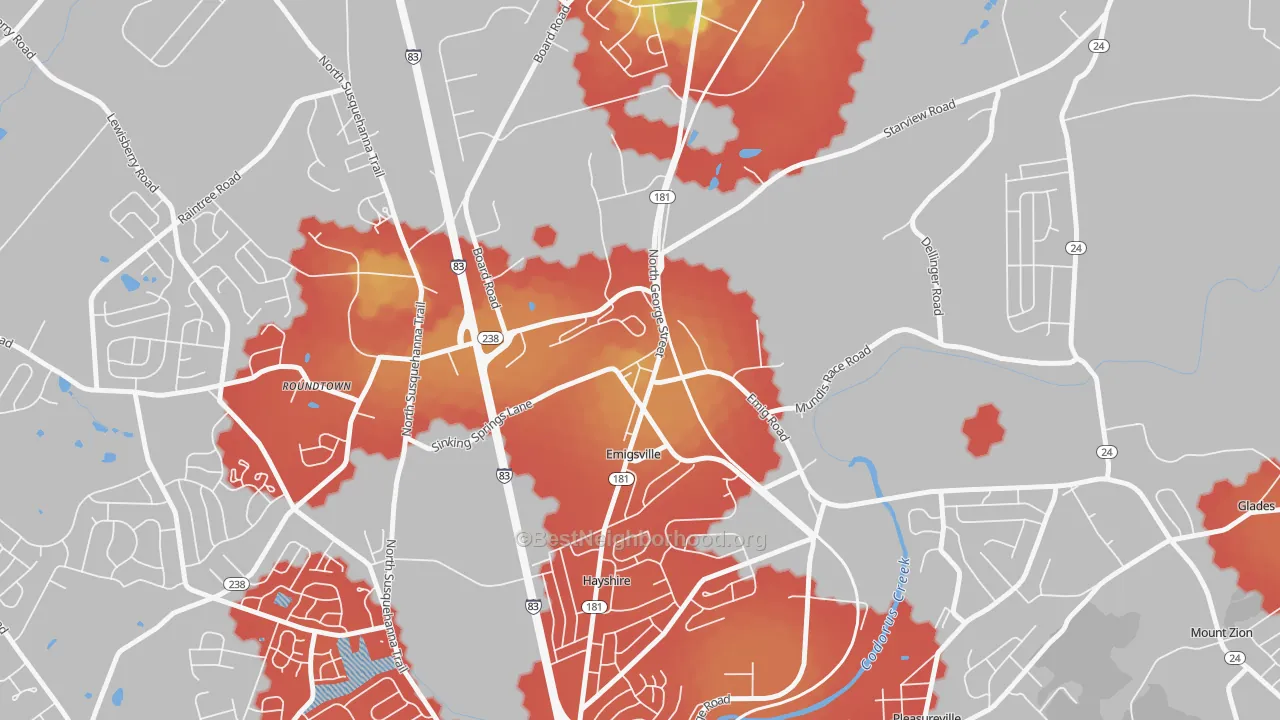 Walk Grade map of 17318, PA, walkable areas in green and car-dependent areas in red