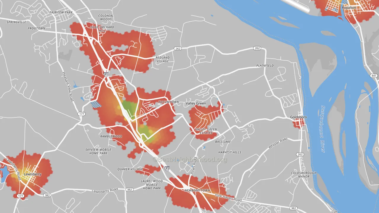 Walk Grade map of 17319, PA, walkable areas in green and car-dependent areas in red
