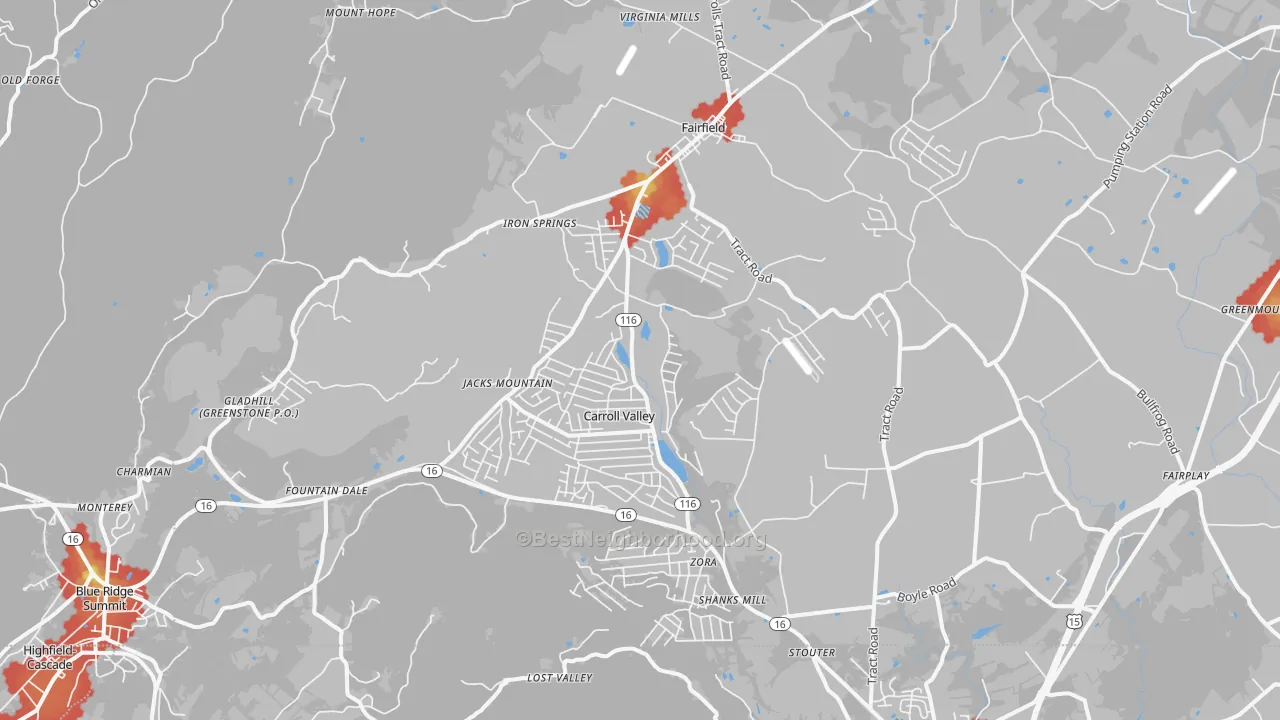 Walk Grade map of 17320, PA, walkable areas in green and car-dependent areas in red