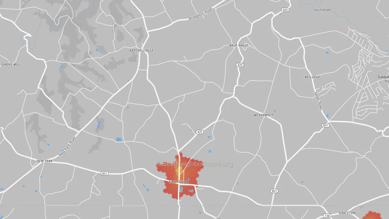 Walk Grade map of 17321, PA, walkable areas in green and car-dependent areas in red