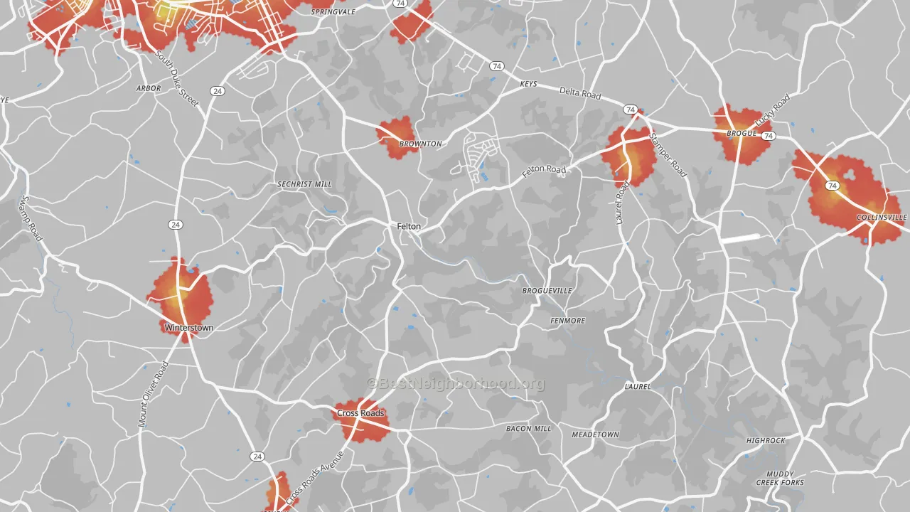 Walk Grade map of 17322, PA, walkable areas in green and car-dependent areas in red