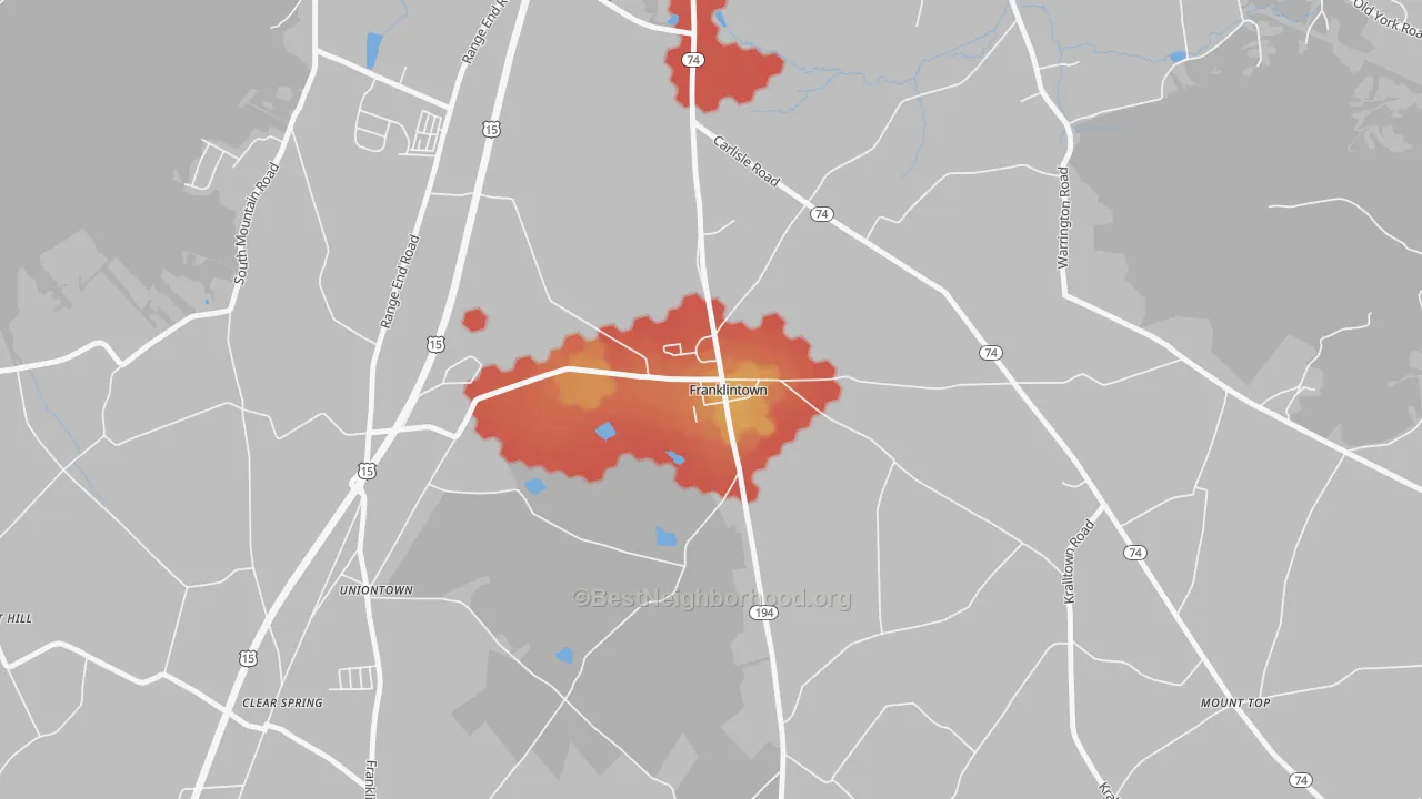 Walk Grade map of 17323, PA, walkable areas in green and car-dependent areas in red