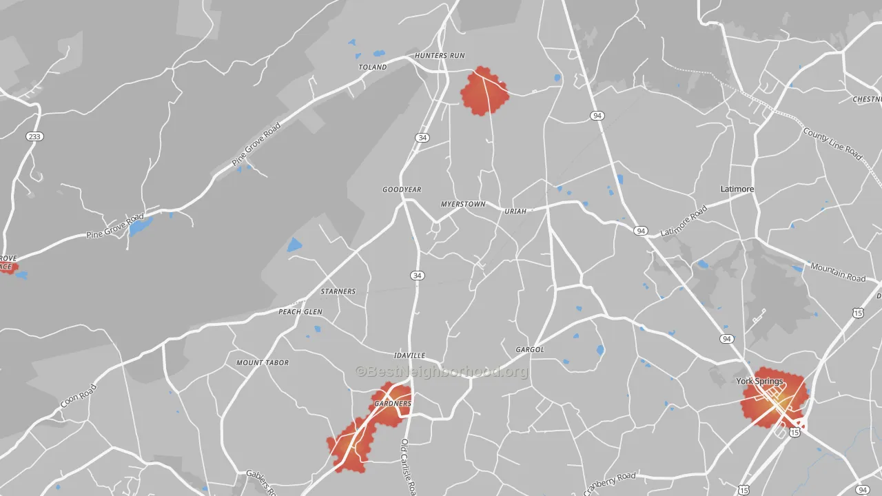 Walk Grade map of 17324, PA, walkable areas in green and car-dependent areas in red