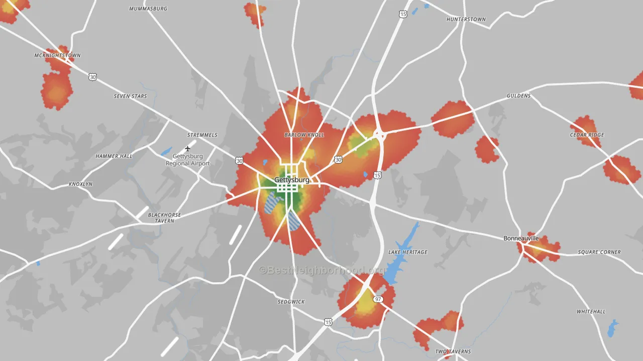 Walk Grade map of 17325, PA, walkable areas in green and car-dependent areas in red