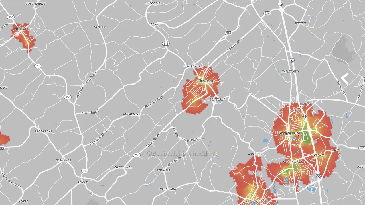 Walk Grade map of 17327, PA, walkable areas in green and car-dependent areas in red