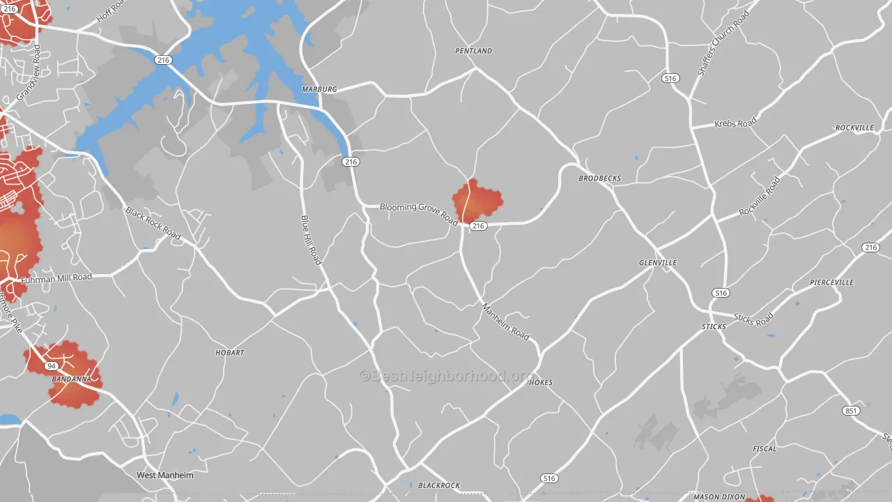 Walk Grade map of 17329, PA, walkable areas in green and car-dependent areas in red