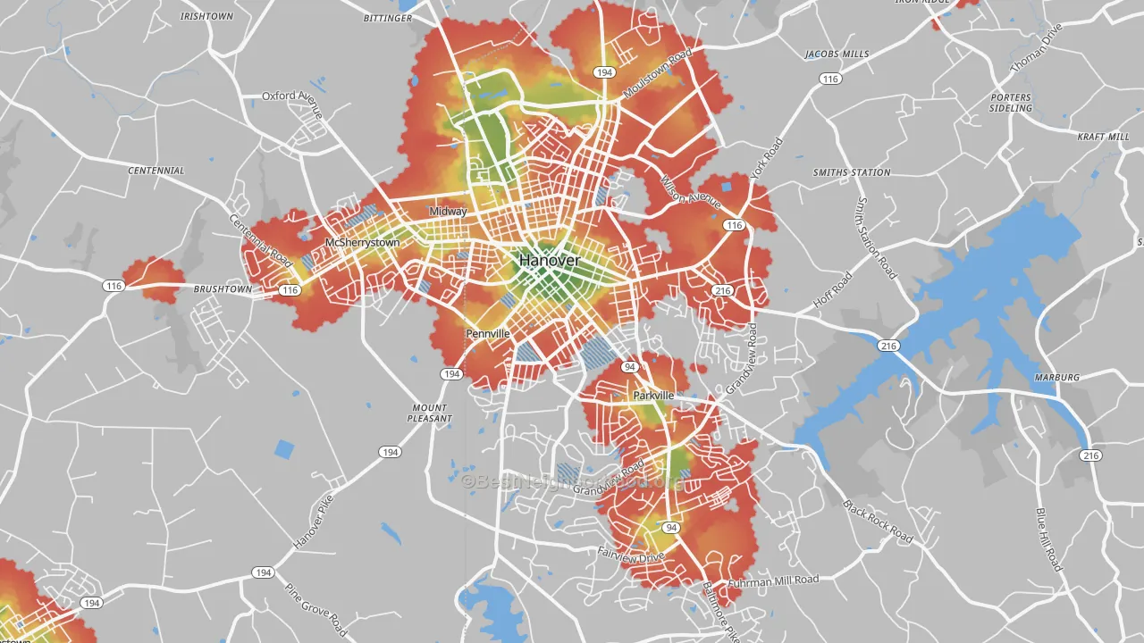Walk Grade map of 17331, PA, walkable areas in green and car-dependent areas in red