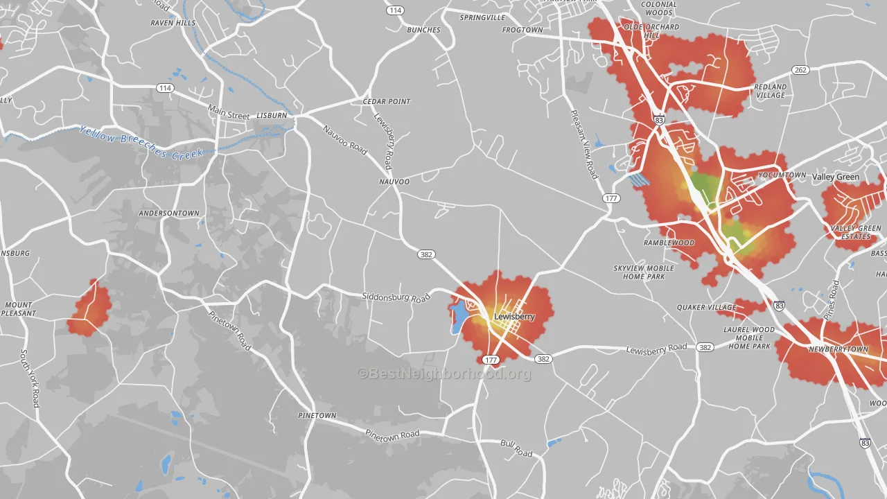 Walk Grade map of 17339, PA, walkable areas in green and car-dependent areas in red
