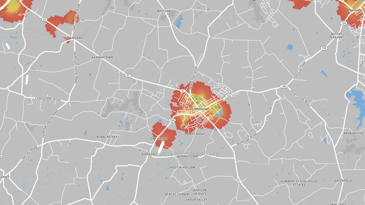 Walk Grade map of 17340, PA, walkable areas in green and car-dependent areas in red