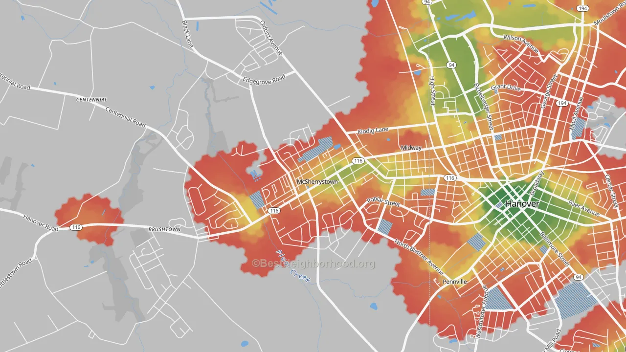Walk Grade map of 17344, PA, walkable areas in green and car-dependent areas in red