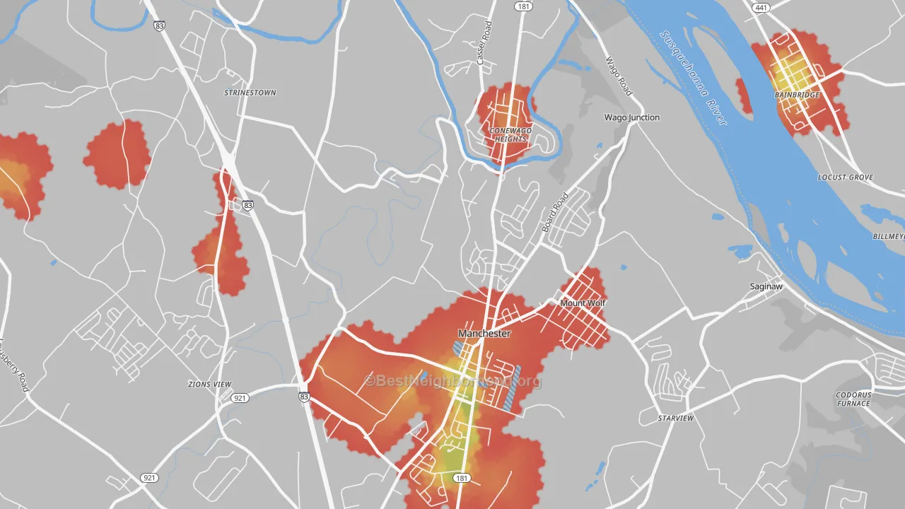 Walk Grade map of 17345, PA, walkable areas in green and car-dependent areas in red