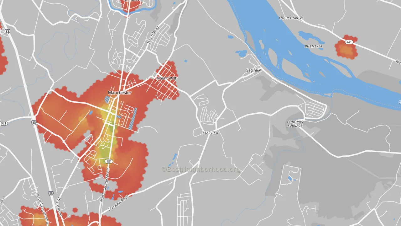 Walk Grade map of 17347, PA, walkable areas in green and car-dependent areas in red