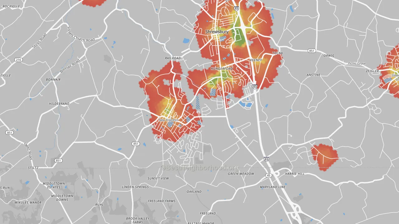 Walk Grade map of 17349, PA, walkable areas in green and car-dependent areas in red