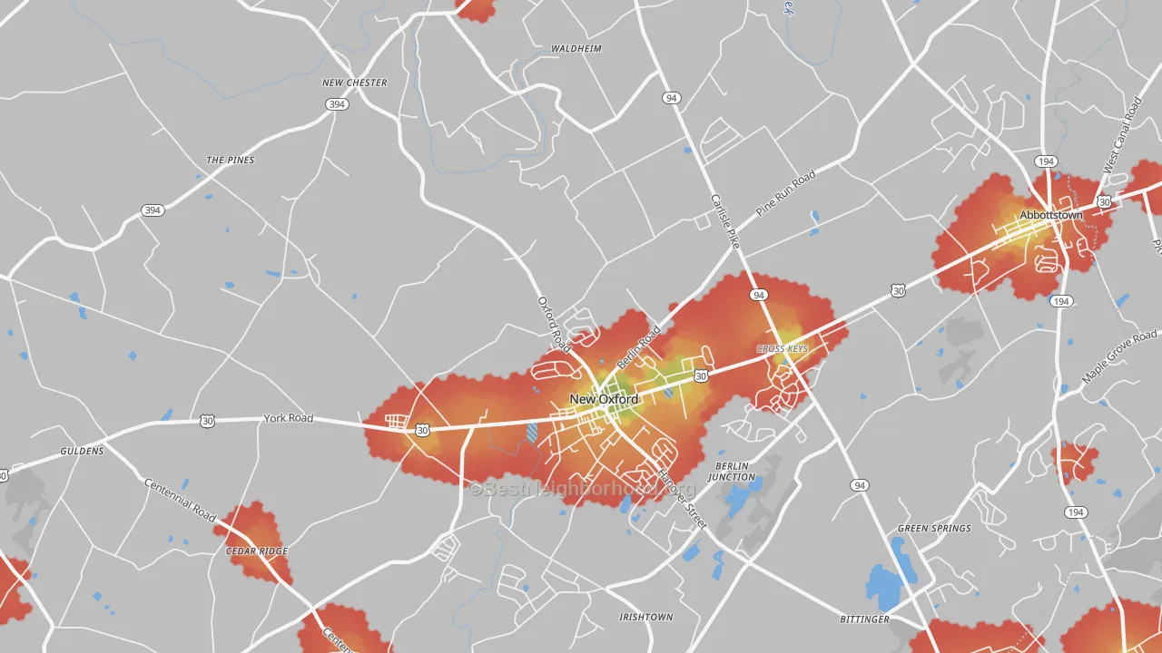 Walk Grade map of 17350, PA, walkable areas in green and car-dependent areas in red
