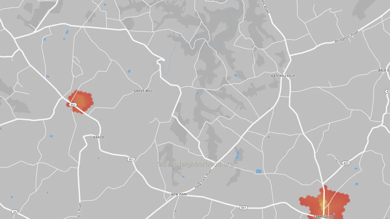 Walk Grade map of 17352, PA, walkable areas in green and car-dependent areas in red