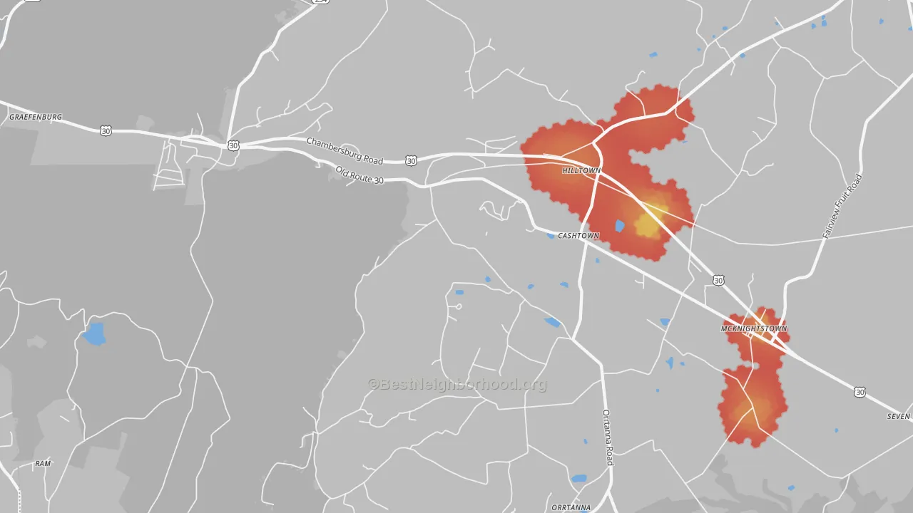 Walk Grade map of 17353, PA, walkable areas in green and car-dependent areas in red