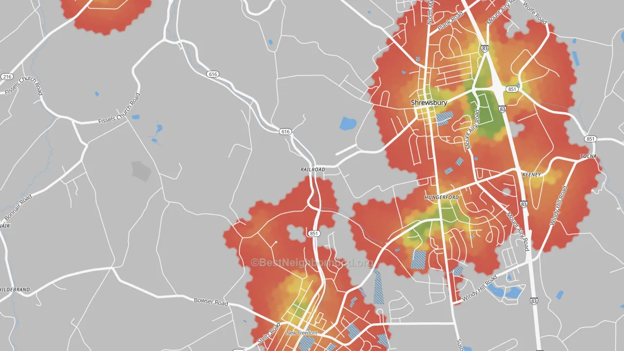 Walk Grade map of 17355, PA, walkable areas in green and car-dependent areas in red