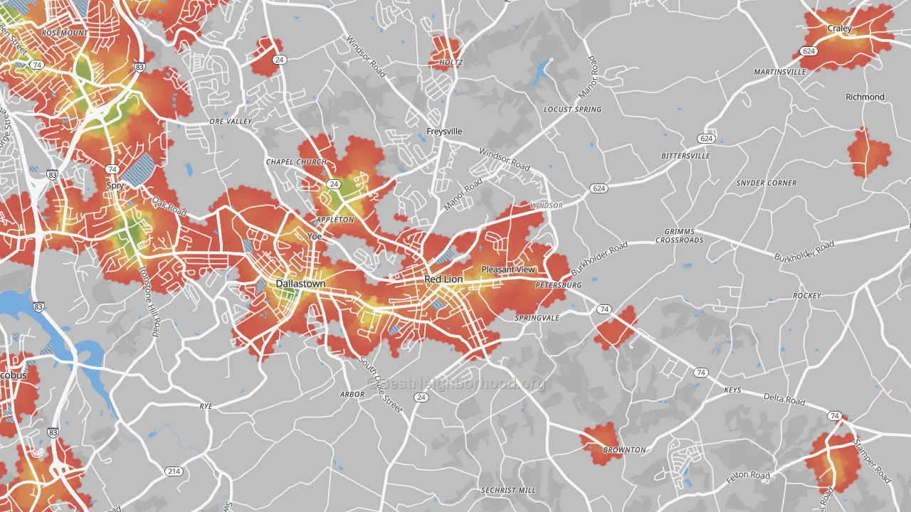 Walk Grade map of 17356, PA, walkable areas in green and car-dependent areas in red