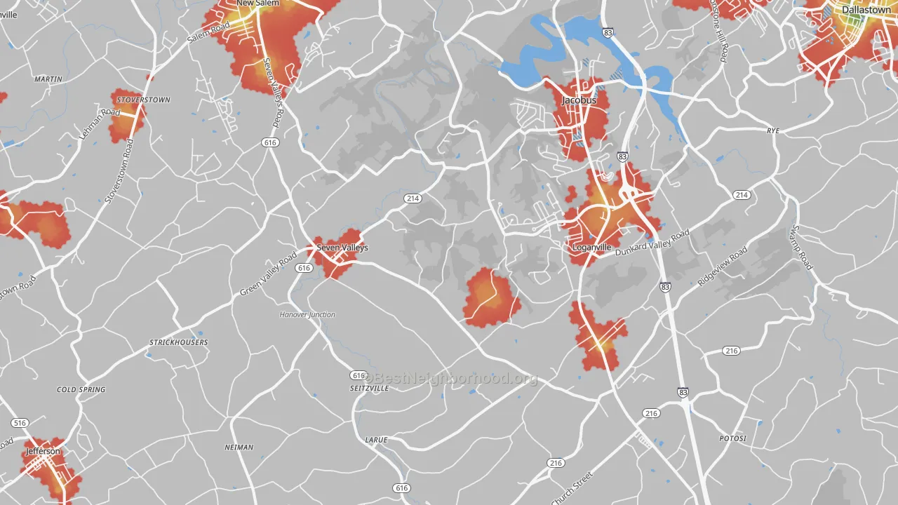 Walk Grade map of 17360, PA, walkable areas in green and car-dependent areas in red