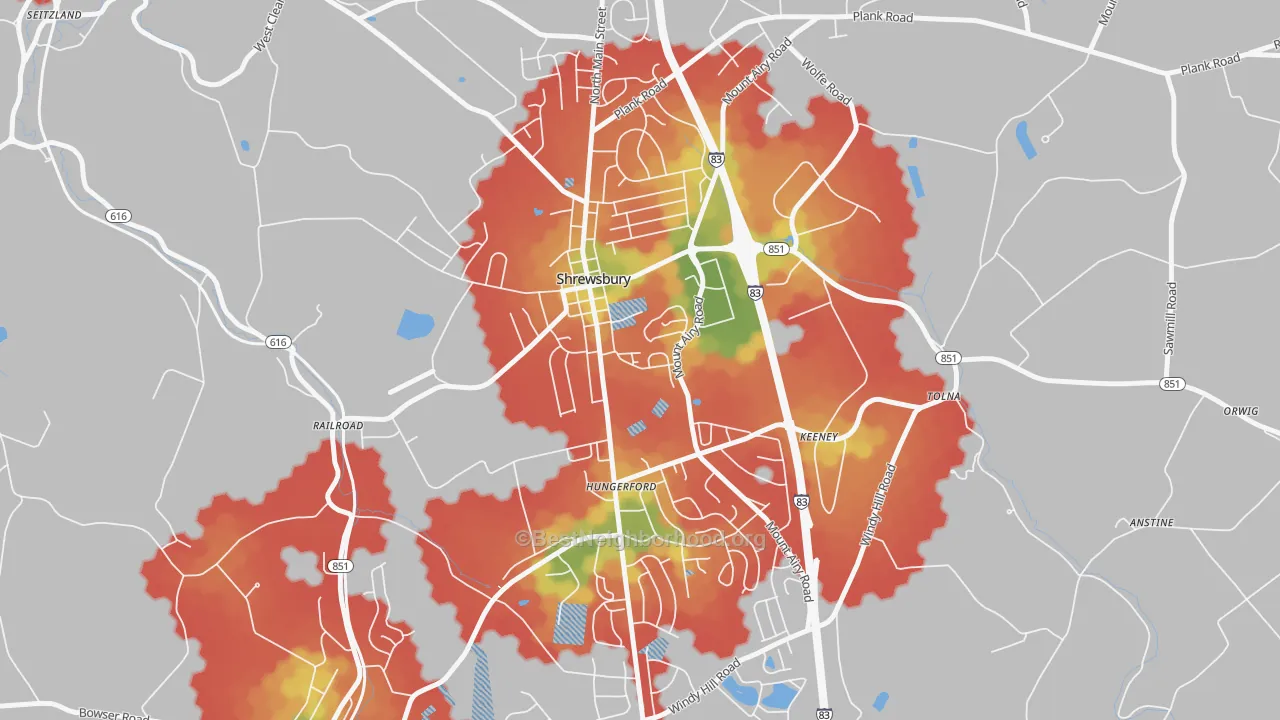 Walk Grade map of 17361, PA, walkable areas in green and car-dependent areas in red