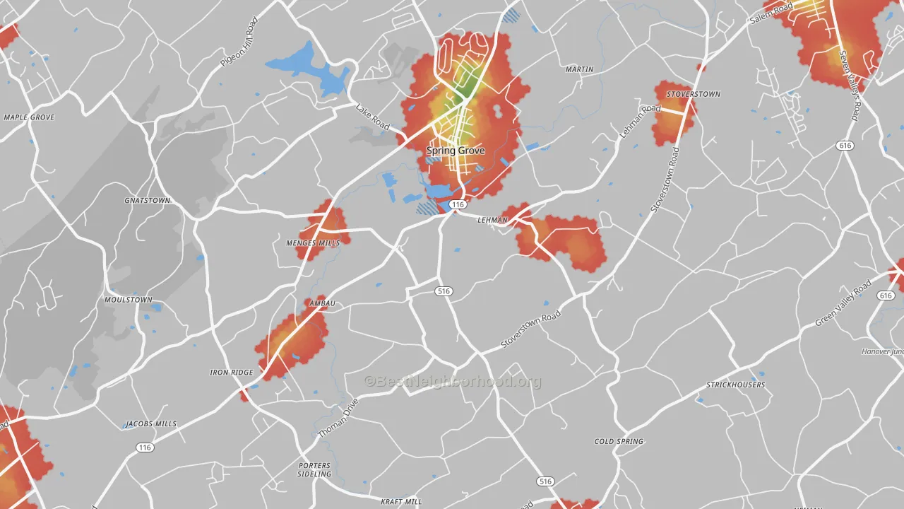 Walk Grade map of 17362, PA, walkable areas in green and car-dependent areas in red